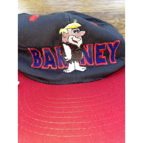 Vintage 90s Flintstones Cartoon Barney Rubble Snapback Cap Red Brim Black Hat - Picture 1 of 4
